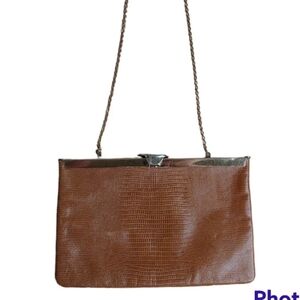 Vtg 60s Etra Lizard Leather Brown Clutch Purse Flat Shoulder Bag Gold Chain